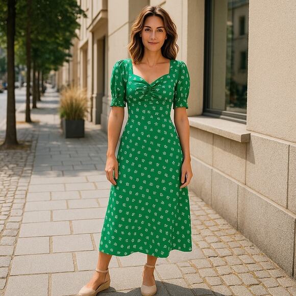J Crew Puff-sleeve midi dress floral print green 4 NEW - Picture 1 of 11